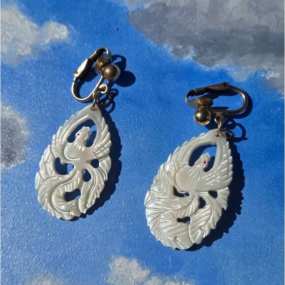 Intricate Carved Mother of Pearl Phoenix Bird Clip On Earrings 12k Gold Fill - Picture 3 of 11